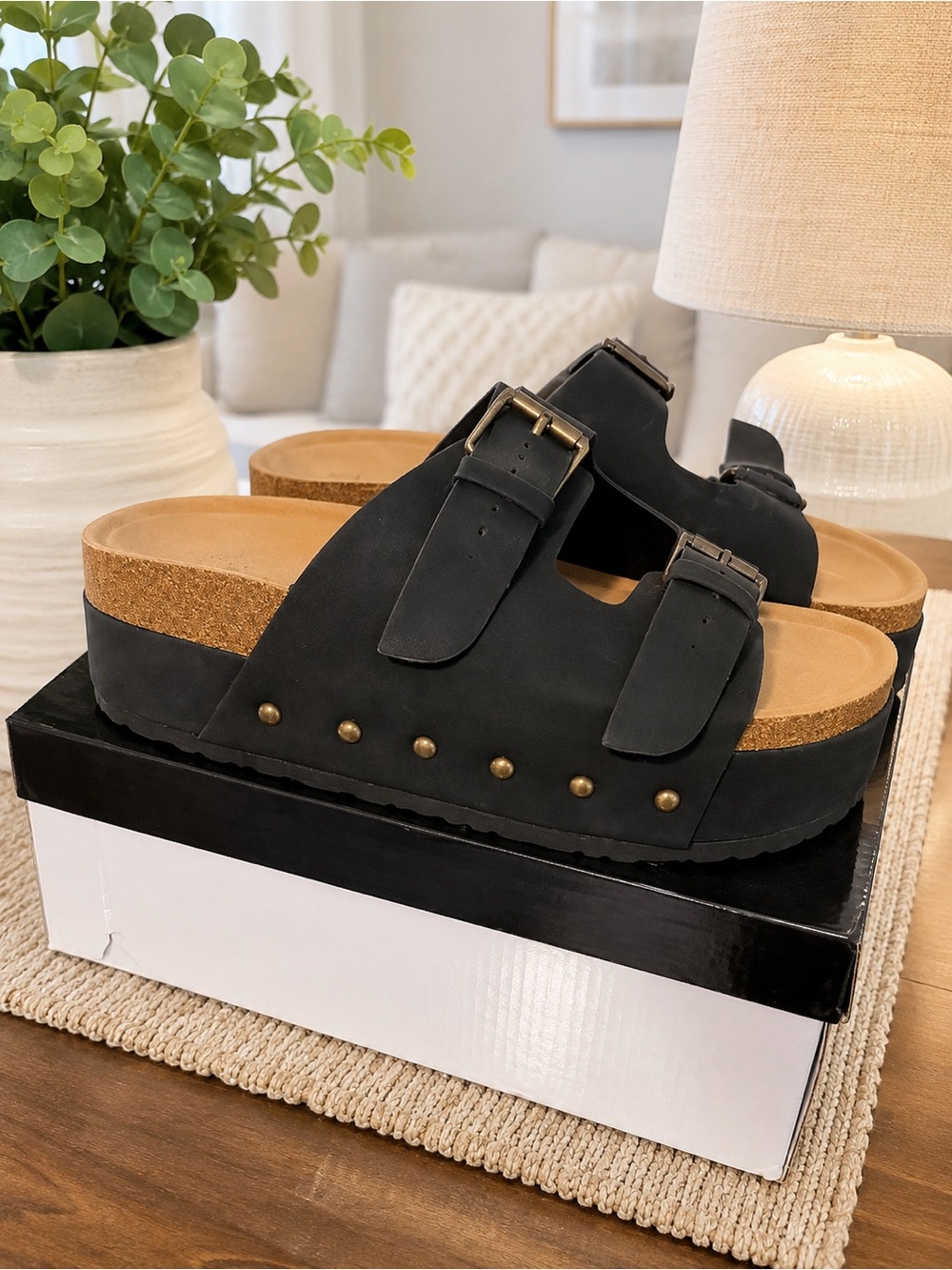 Black Double-Buckle Platform Slide Sandals